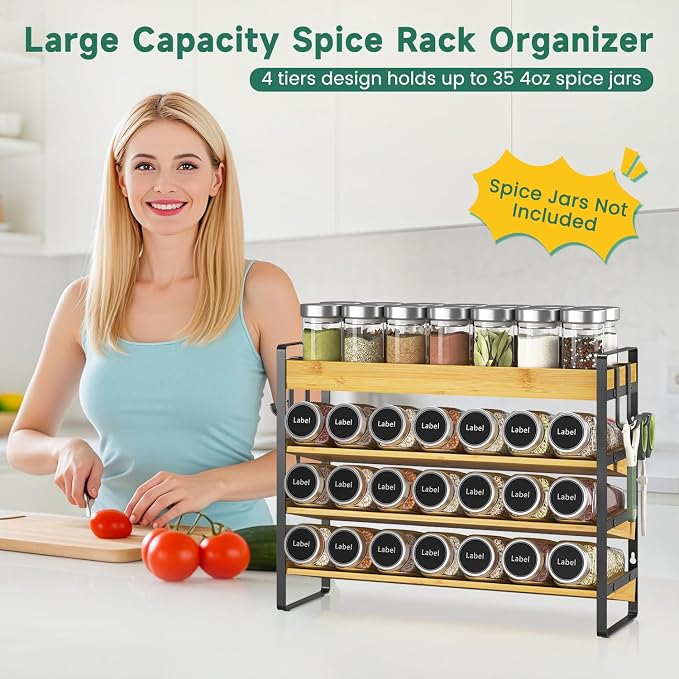 EsLuker.ly Spice Seasoning Rack Organizer Kitchen Countertop, 4 Tier Bamboo | Spice Shelf Holder Storage with 4 Hooks, Wall Mounted Freestanding Stand for Pantry, Quick Spice Access(Jars Not Included)