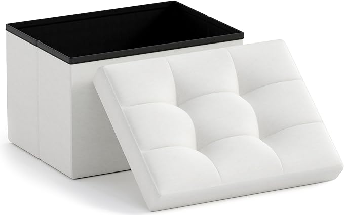 Ornavo Home Small Rectangle Storage Ottoman, Linen, 12x16x12, White | Collapsible Cube Design; Foot Rest Stool Seat; Ideal for Living Room, Bedroom, Home Office or Dorm
