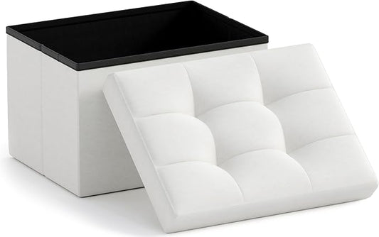 Ornavo Home Small Rectangle Storage Ottoman, Linen, 12x16x12, White | Collapsible Cube Design; Foot Rest Stool Seat; Ideal for Living Room, Bedroom, Home Office or Dorm