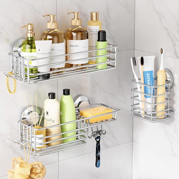 LEVERLOC Shower Caddy Suction Cup, 3 Pack Heavy Duty Shower Organizer | Silver Shower Caddies with Hooks, Soap Holder, Removable Bathroom Organizer, Rustproof Shower Storage, No Drill Shower Basket