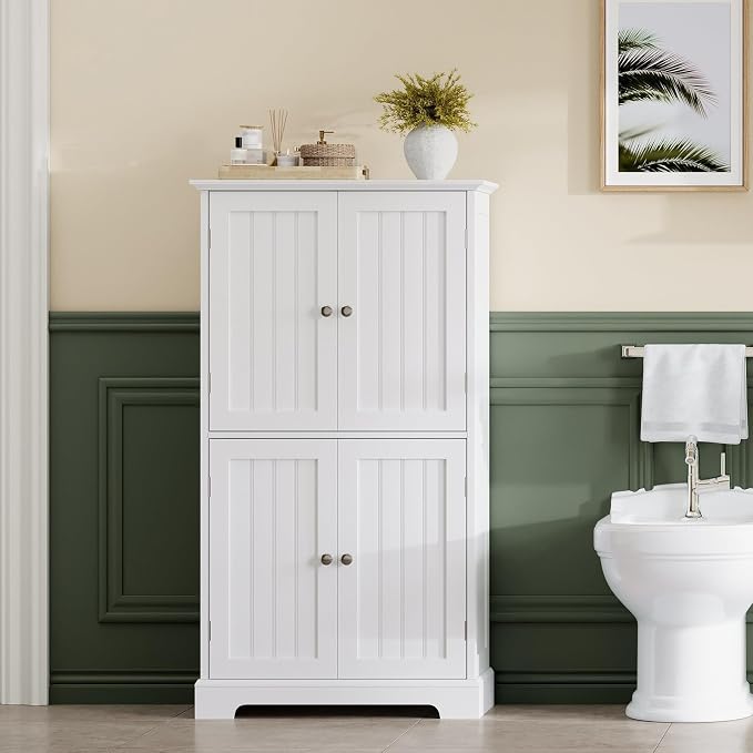 ChooChoo Bathroom Floor Cabinet with Adjustable Shelves | Bathroom Storage Cabinet, 4 Doors, Freestanding Cupboard for Living Room, White