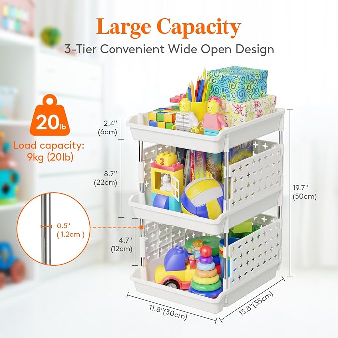 Lifewit 3 Tier Plastic Stackable Storage Baskets for Clothes 1 Pack, White | Stacking Bins for Food, Multifunctional Organizer for RV, Kitchen, Playroom, Pantry and Bathroom