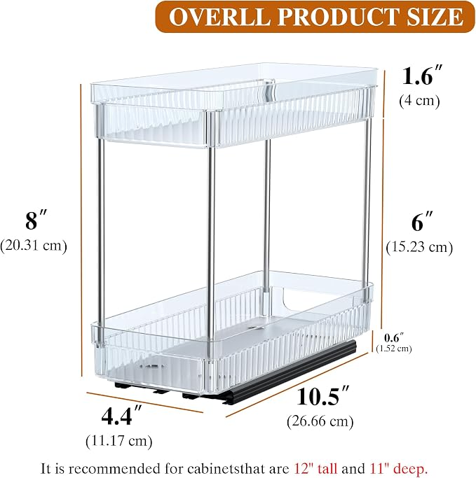 DABIGE 2 Pack Pull Out Spice Rack Organizer for Cabinet, 2 Tier Slide Out Spice Racks Organizer, Spice Cabinet Organizers, Cabinet Size Need:12'' High x 11'' Deep x 5'' Wide, Clear Acrylic