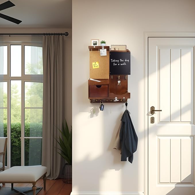 Key Holder Wall Mount， Mail Organizer Key Holder for Wall with Shelf, Drawer, Chalkboard, Corkboard, Home Decor Wall Mounted for Room Entryway(Vintage Brown)