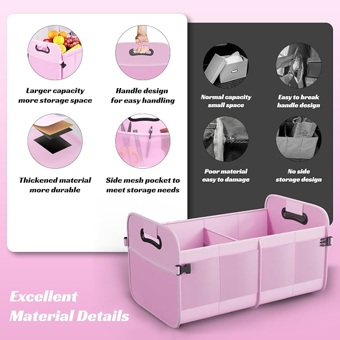 Sposuit Trunk Organizer for Car - 70L Collapsible Sturdy Car Storage, Pink | 11 Pockets & Reinforced Handles, Large Capacity, SUV Trunk Organizers for Grocery Cargo, Non-Slip Bottom