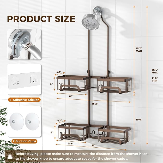 REINHARDT Split Shower Caddy Hanging for Handheld Showerheads, Bronze | Adjustable Shower Organizer, Rustproof, 16 Hooks, Soap Holder, 40lbs Capacity, Anti-Slip, Tool-Free, Bathroom Accessories