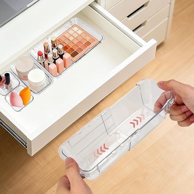 IAMGlobal 14PCS Expandable Drawer Organizer, Clear Drawer Organizers | Acrylic, Transparent, 3-Size, Adjustable, Expanding, for Makeup, Storage, Vanity, Bathroom, Bedroom, Kitchen, Office