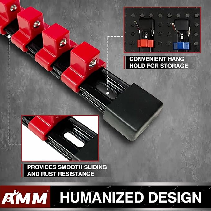 AMM 18-Piece Socket Organizer, 1/2 inch, 3/8 inch and 1/4 inch Drive ABS Tools-Socket Holder,Heavy Duty Socket Racks, Premium Quality Socket Clip Rail Holder,The best tool trays in the garage