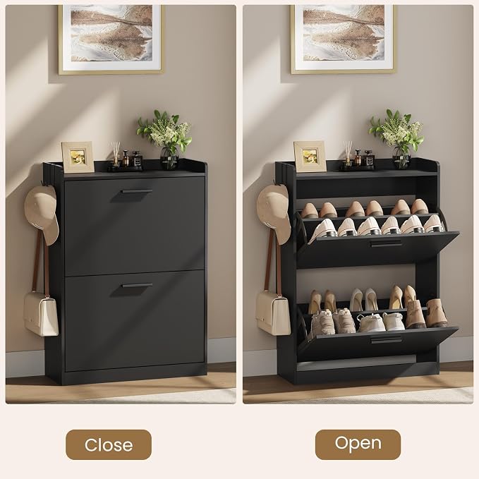Shoe Cabinet Organizer with 2 Flip Drawers,Narrow Shoe Rack 23.6" W White | Freestanding shoe storage cabinet for entryway,foyer and hallway,slim design and space-saving flip drawers