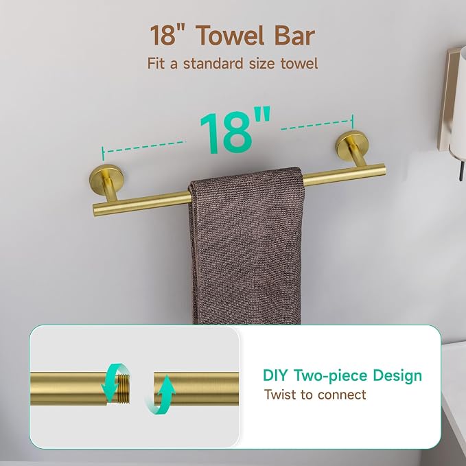 USHOWER 8PCS Brushed Gold Bathroom Hardware Set, 18-Inch Towel Bar Set | Durable SUS304 Stainless Steel Bathroom Accessories Set, Towel Racks for Bathroom Wall Mounted, Modern Home Decor