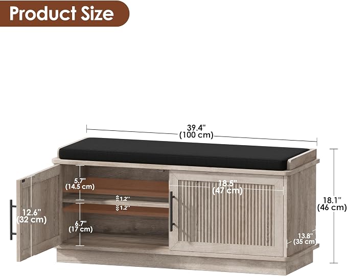 Akxomel 39.4" Fluted Shoe Storage Bench 2 Doors Wooden Entryway Bench Greige