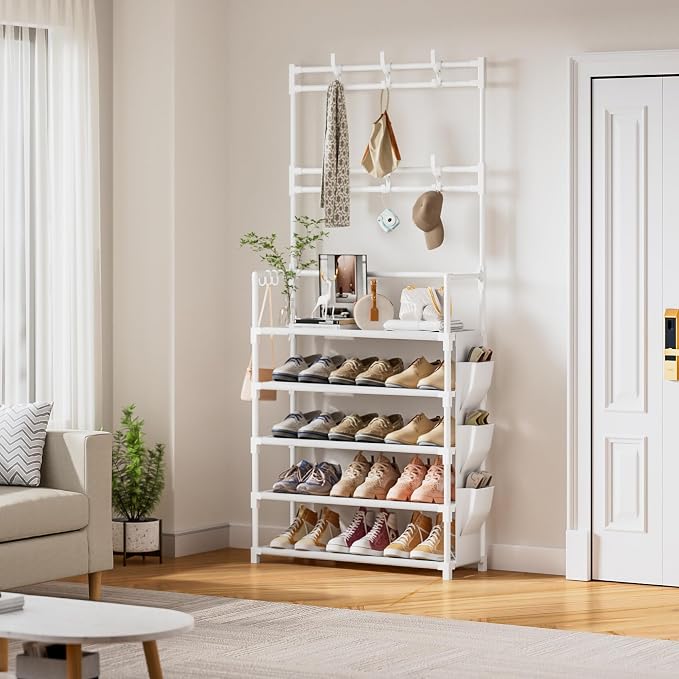 Shoe Rack 5 Tier Shoe Organizer Storage 15-20 Pairs for Closet Entrance | Stackable & Detachable Shelf with Hooks and Side Pocket Entryway Shoe Holder Space Saving Closet Organizers and Storage