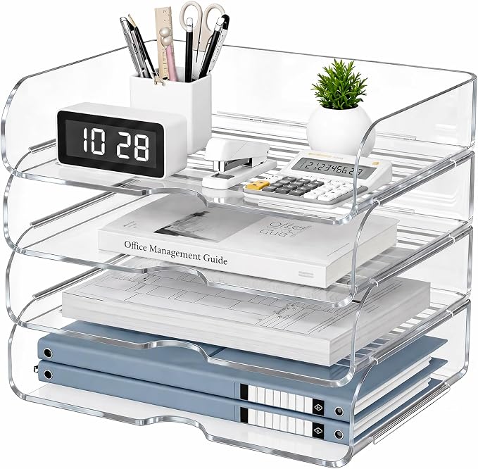 HIYOHIYO Clear Office Desk Organizer for A4 Letter Paper, 4 Tier Horizontal | Stackable | Large Capacity | Office Organization for File Folder | Desktop Paper Holder Workspace Organizer and Storage