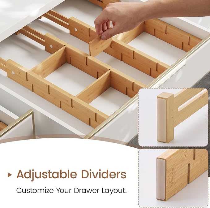 Bamboo Drawer Dividers 4 Pack with Inserts, Kitchen Adjustable Drawer Organizers for Home, Bedroom, Dresser, Expandable Organization 4 Dividers with 8 Inserts