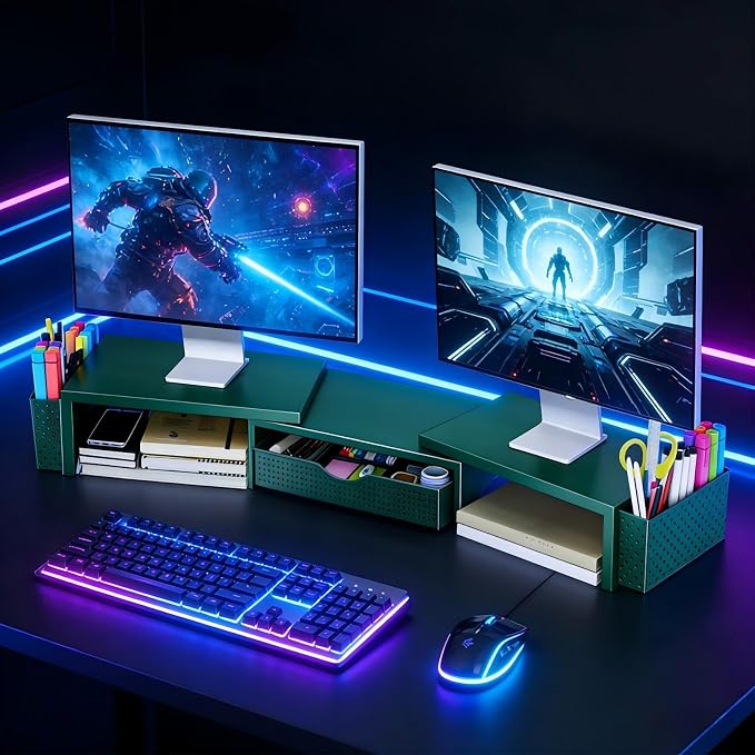 Spacrea Metal Desk Organizers and Accessories, Dual Monitor Stand Riser with Drawer and 2 Pen Holders, Desk Accessories & Workspace Desktop Organizers for Office Supplies (Dark Gree)