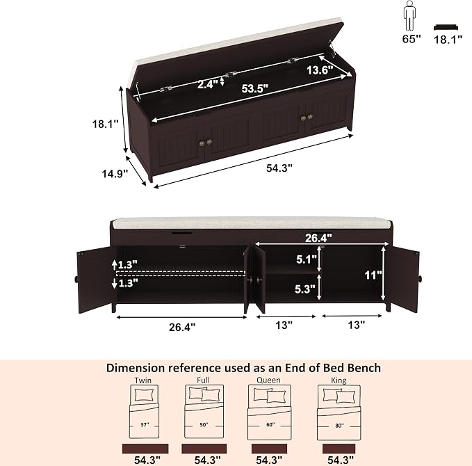 HOMEFORT 54.4" Shoe Bench with Lift Top Storage, Entryway Bench with Cushioned Seat, Wooden End of Bed Bench, Shoe Cabinet Bench with Hidden Storage Space, for Bedroom, Hallway,Espresso