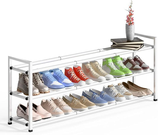 Bumusty 3 Tier Long Expandable Shoe Rack for Closet, White | 18"-44" Adjustable Shoe Rack for Entryway, Shoe Organizer for Dorm, Front Door, Sturdy Metal