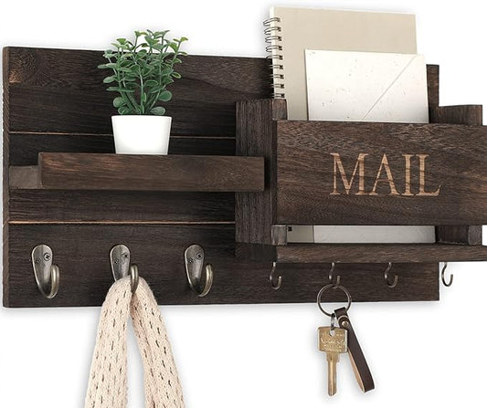 Lwenki Mail Organizer for Wall Mount – Key Holder with Shelf Includes Letter Holder and Hooks for Hallway Farmhouse Decor – Rustic Wood with Flush Mounting Hardware (16.5” x 9.1” x 3.4”) (Brown)