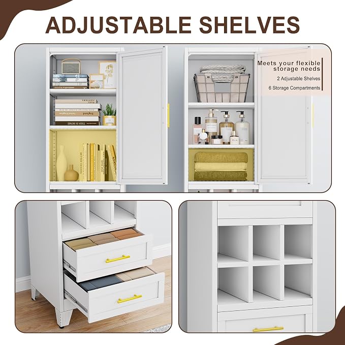 Tall Metal Narrow Storage Cabinet 67" H with 2 Drawer,White Kitchen Pantry Cabinets with 2 Adjustable Shelves and Door,Cuby Storage Orgainzer,Tall Bathroom Cabinet for Kitchen, Home Office,Dining Room