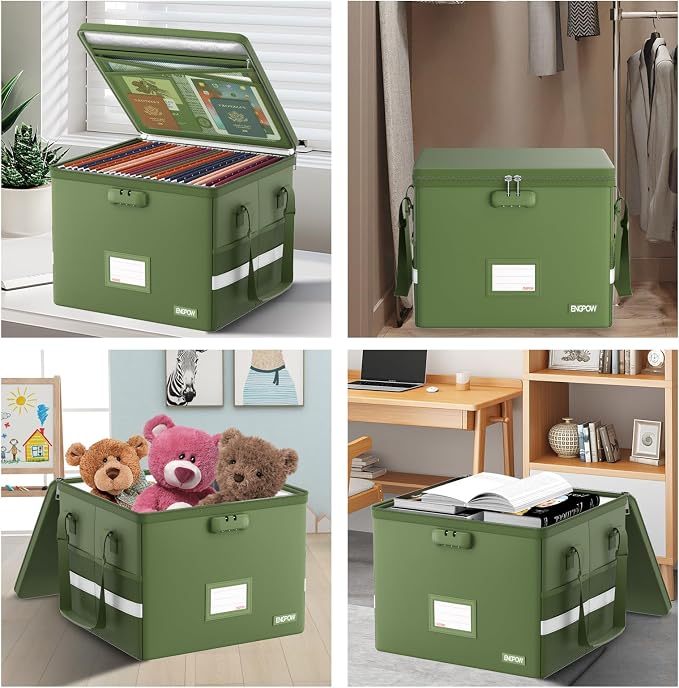 ENGPOW 5200°F File Box Fireproof Document Box with Lock,Heat Insulated Collapsible File Storage Organizer Box with Handle,Portable Home Office File Cabinet for Hanging Letter/Legal Size Folder, Green