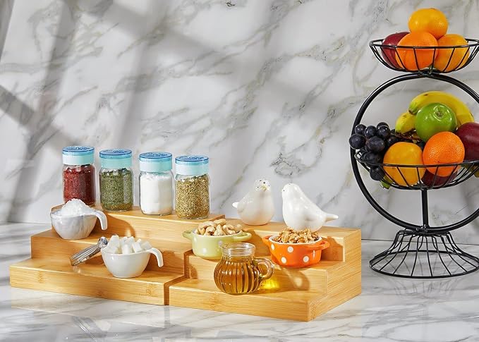 Bamboo Expandable Spice Rack Organizer, 3-Tier Adjustable Kitchen Cabinet | Countertop Display Shelf, Space Organizer for Kitchen and Bathroom (Pack of 2)