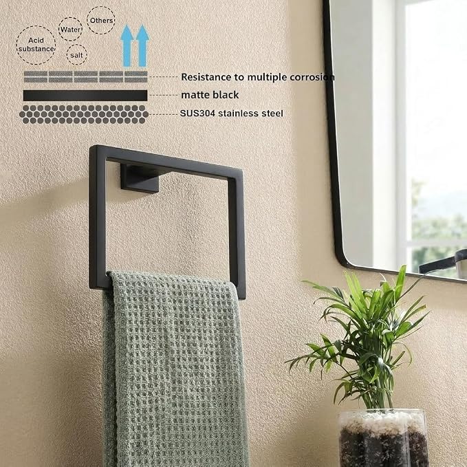 5-Piece Bathroom Hardware Set, 23.6 in Towel Bar, Matte Black | SUS304 stainless steel, 55 mm square bases, concealed screw mount, towel ring, toilet paper holder, 2 robe hooks