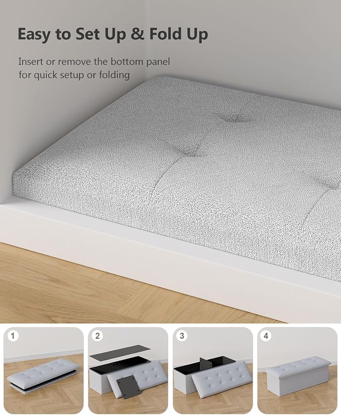Folding Storage Ottoman Bench, Light Gray, 43 Inches | Multi-Functional Ottoman Foot Rest, End of Bed Bench, Storage Chest, Living Room, Bedroom, Hallway, Entryway, 600 lb Capacity
