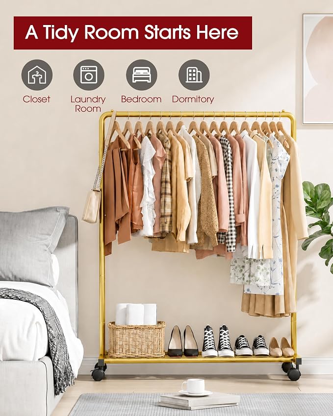 Sakugi Clothes Rack - Clothing Rack with Storage Mesh Shelf & Casters, Heavy-Duty Metal Clothing Rack for Hanging Clothes, Dresses, Coats, Large Load Capacity, Easy Assembly, Gold, 44.3"x16.9"x59.0"
