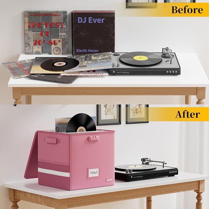DocSafe Vinyl Record Storage Box with Lock, Fireproof＆Water Resistant Record Organizer for 100+ Single Records(12-inch), Collapsible Storage Crate with Lid&Handles for Valuable Album Collection,Pink
