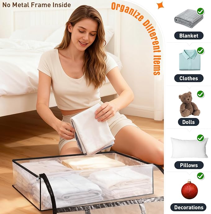 8 Packs 60L Clear Under Bed Storage Containers, Large Clothes Storage Bags | Heavy Duty Large Capacity Foldable Moving Bags with Sturdy Handles, Clothing Organizer Totes for Bedding Comforter Sheet