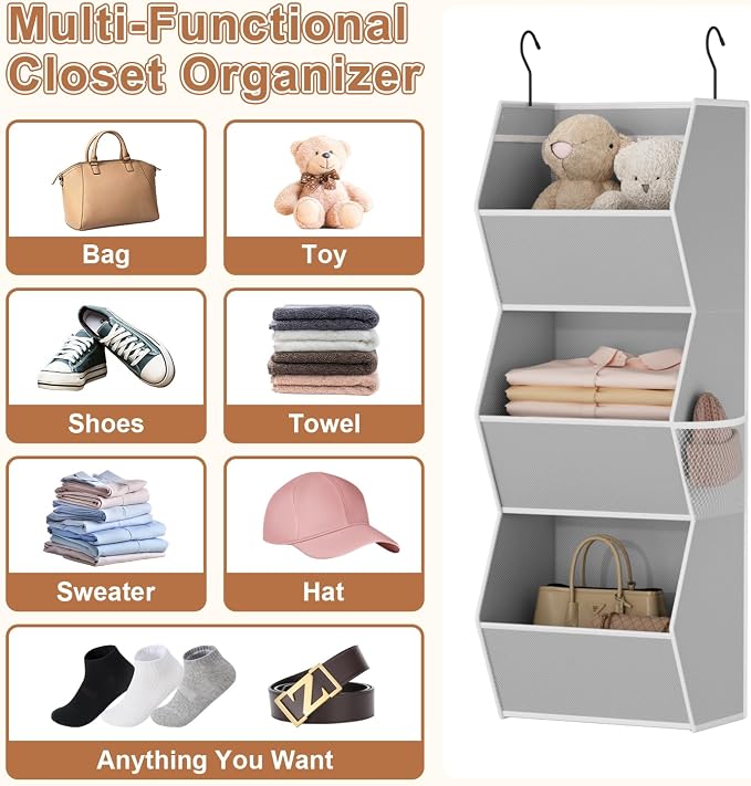 Hanging Closet Organizer 3 Shelf Collapsible Bedroom Closet Organizers and Storage Hanging with Mesh Pockets for Clothes, Fabric Hanging Storage Bins for Wardrobe Closet Organization and Storage, Grey