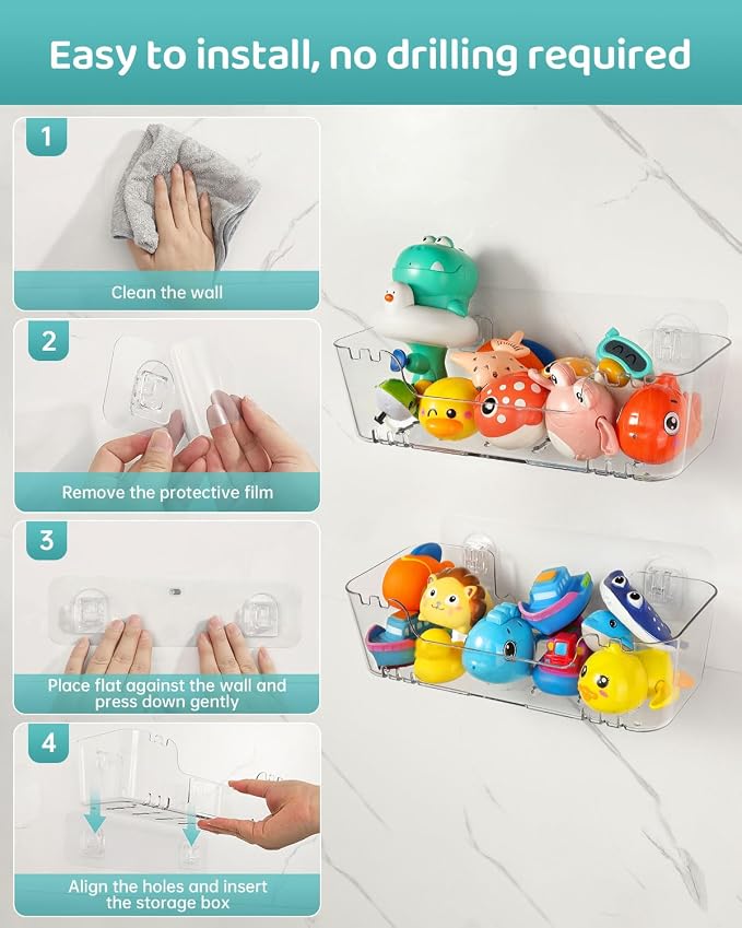 Bath Toy Storage Organizer 4 Pack, Clear Bath Toy Holder with Drain Holes | Durable Plastic Bathtub Toy Storage for Bathroom, Quick-Dry Drainable Shower Caddy, Easy to Clean (Plastic 4 Pack)