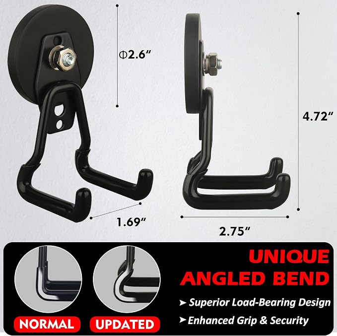 MUTUACTOR Upgraded Strong Magnetic Hooks Heavy Duty,4-Pack Unique Mounting Magnet with Hook,20lbs Durable Storage Magnet Hook for Storing Cordless Impact Drivers Trailer Cord Garage Tools