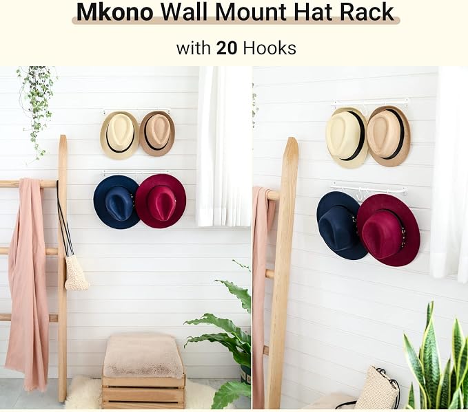 Mkono Hat Organizer Hat Rack for Wall Storage Holder with 20 Hooks Set of 2 | Hanging for 20 Caps, Adjustable Hooks, Space-Saving, Holds Baseball Scarves Belts Bags, Closet Door Bedroom Entryroom Laundry