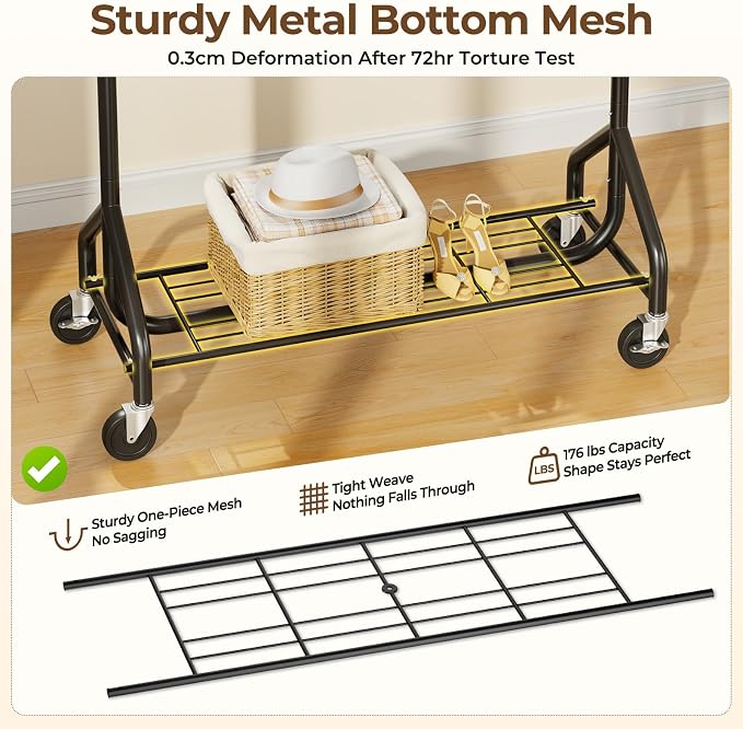 HYSEYY Heavy-Duty 450LBS Capacity Metal Clothes Rack，Rolling Clothing Rack with Wheels & Shelves, Portable Standing Wardrobe Rack for Hanging Clothes, Black (Black, L)