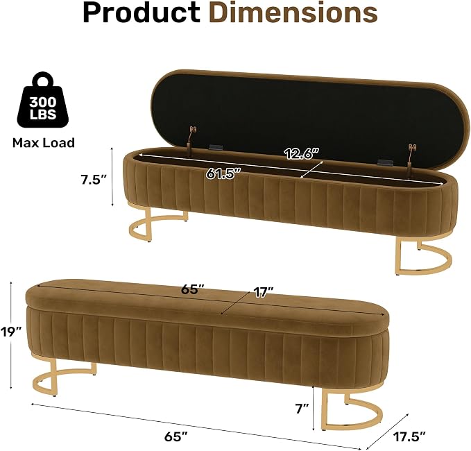 65 Inch Storage Ottoman Bench Velvet End of Bed Storage Bench King Size Upholstered Tufted Bench Large Space for Bedroom Living Room Entryway Coffee