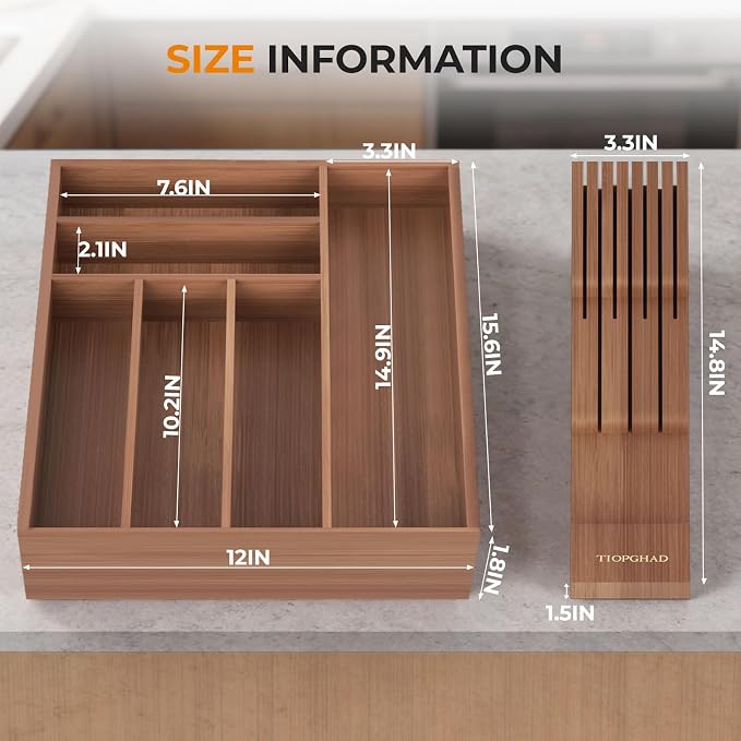 Small Bamboo Silverware Organizer Kitchen Utensil Tray, Brown | Removable Knife Block, Holds 7 Knives, Adjustable Dividers, 15.6 x 12 x 1.8 in, Drawer Insert for Utensils, Forks