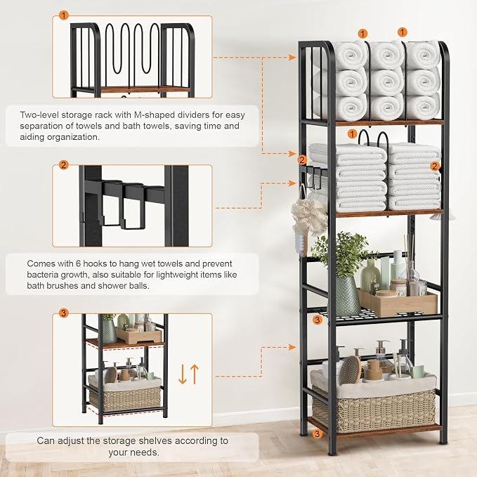 Snughome Towel Rack Free Standing 4-Tier M-Shaped Detachable Dividers, Metal Towel Storage Shelf for Bathroom, Pool Towel Rack Holder, Space-Saving Storage Organizer, Modern Bath Towel Storage Holder