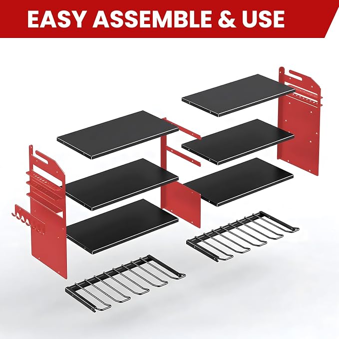 Power Tool Organizer Wall Mount, Standard Edition, RED | Heavy Duty 600 Lbs Metal Tool Storage Rack, 4-Tier Garage Drill Holder & Workshop Battery Management Station