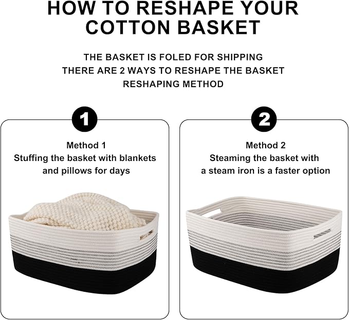 OIASKET Large Storage Basket for Organizing, Woven Rope Basket for Shelves, Closet Organizer Bins for Clothes, Blanket, Toys, Baby Nursery Storage, 17.7" x 13" x 7.87", 2 Packs Gradient Black