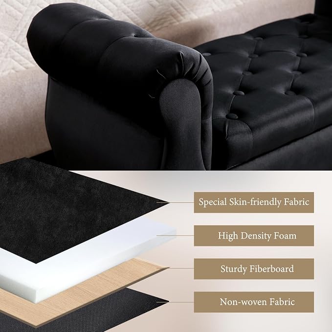 Storage Bench with Arms End of Bed Bench,Velvet Entryway Bench with Storage, Button Tufted Upholstered Ottoman Bench Wood Legs, Window Sitting Bench for Bedroom/Living Room/Hallway, Black