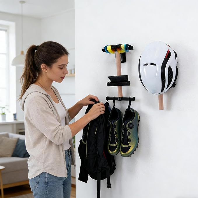 Bicycle Helmet Storage - Wall Mounted Organizer Hanger, Steel Hook Bracket, Multi Gear Holder Cycling Accessories, Space Saving Vertical Rack | Protective Display Solution for Home Garage