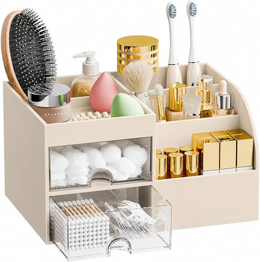 Makeup Organizer with 2 Drawers, Makeup Organizers Countertop for Vanity and Bathroom, Make up organization and Skincare Storage with Brush Holder, for Dresser, Desktop, Cosmetic Display Case (Beige)