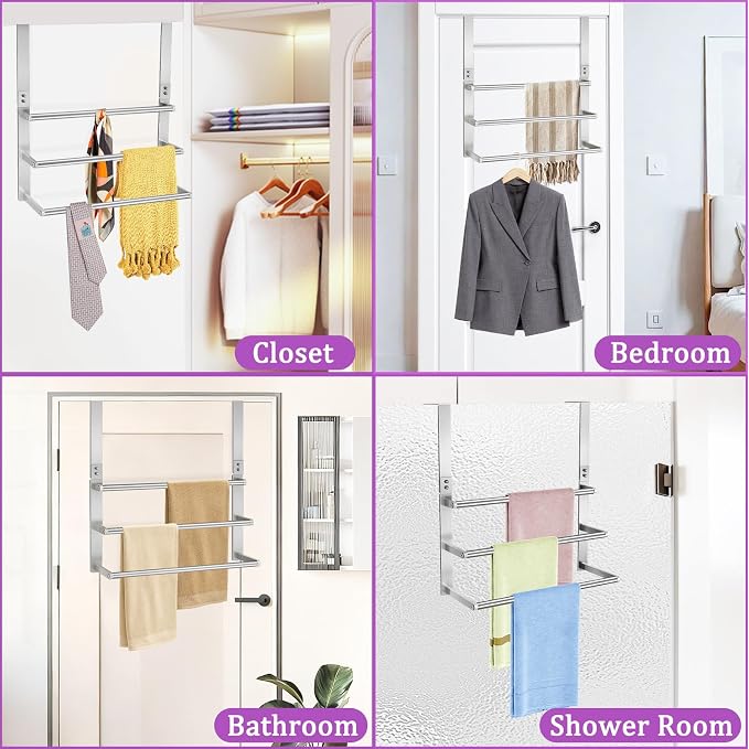 16Inch Over The Door Towel Rack, VOTZAAQ Stainless Steel Over Door Towel Holder, Door Towel Hanger with 3 Tier Towel Bars, Over Door Towel Storage for Bathroom, Brushed Nickel