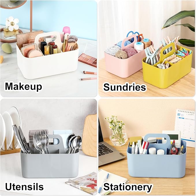 Multiuse Caddy Organizer with Handle, Portable Divided Plastic Tote Bin - Art Craft, Stationary Pen Marker Crayons, Makeup Hair Supplies Storage - Bathroom, Classroom, Dorm, Office, Desk Holder - Blue