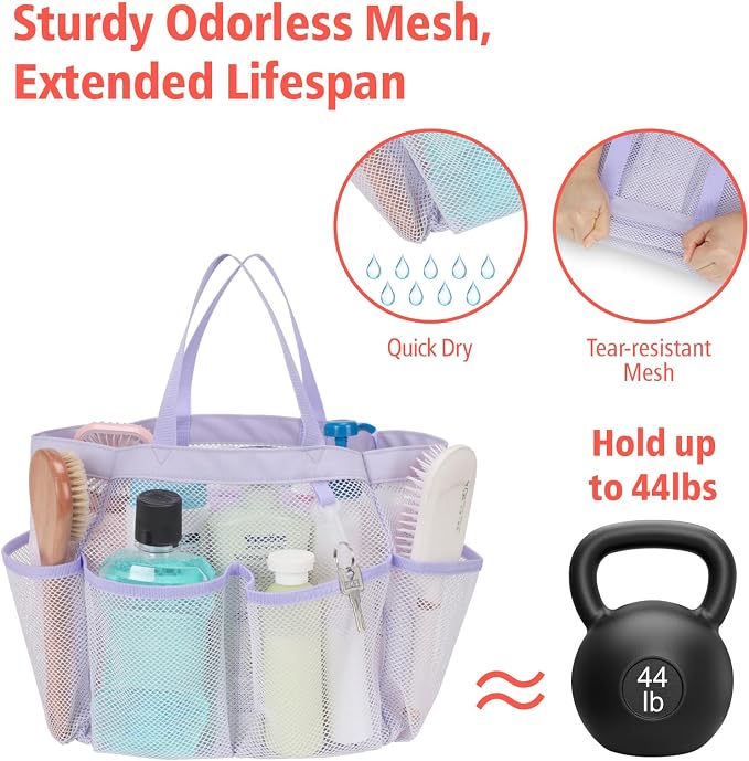 Mesh Shower Caddy Portable - 8 Pockets, S-Hook, Shower Bag for Dorm Camping | 2-Handle, Quick-Dry, Hanging Toiletry Organizer, College Dorm Room Essentials for Girls, Gym, Travel & Bathroom, Purple