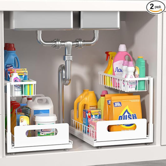 Under Sink Organizer, 2-Tier Pull-Out Metal Drawer, 2 Pack | White metal 2-pack with lower pull-out drawers and fixed upper baskets for kitchen, bathroom and cabinet storage