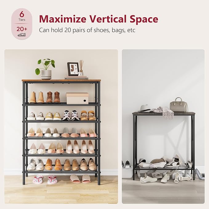 6 Tier Shoe Rack for 20-24 Pairs of Shoes, Rustic Brown & Black | Sturdy & Durable, X Shape Fixed Frame, Metal Mesh Shoe Shelf, Industrial, For Closet, For Entryway Shoe Storage