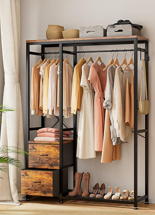 Lulive Clothes Rack with 2 Rods, Shelves, Drawers & Hooks, Garment Rack | Clothes rack with 2 hanging rods (50lbs each), 2 shelves, 2 fabric drawers & 4 hooks. 300lb total capacity. Fits small spaces