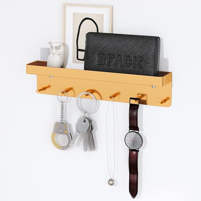 MKO Key Holder for Wall, Mail Organizer and Key Rack with Tray for Hallway, 6 Key Hooks Wall Mount Adhesive(Gold) | Metal Material, Key Rack with Shelf, Wall Mount, Mail Organizer Tray, Suitable for Entryway, Hallway, Living Room